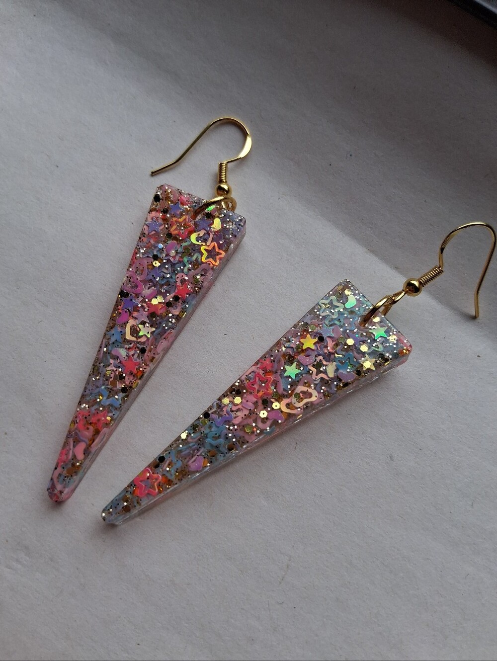 Hand Crafted Multicolor Glitter Star & Heart Triangle Drop Earrings - Picture 2 of 4